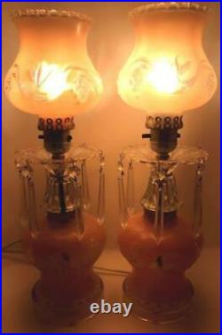 2 Vtg Victorian Pink Frosted Glass Hurricane Boudoir Lamps Glass Prisms/Crystals