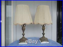 2 vintage brass & marble cherub lamps bedside table silk shades mayfield