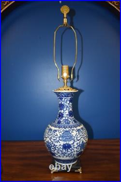 30 Vtg Chinese Porcelain Bottle Vase Eaght Treasures Lotus Flower Table Lamp