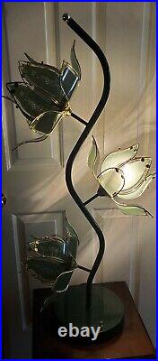 3 Lights Glass Lotus Flowers Green Lamp 40 1980's Multiple Settings Vintage