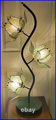 3 Lights Glass Lotus Flowers Green Lamp 40 1980's Multiple Settings Vintage