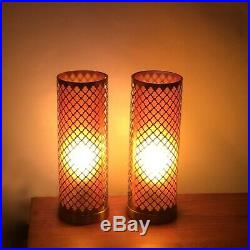 50'S 60's Vintage Mid-Century Modern Pair of Amber Cylinder Table Lamps