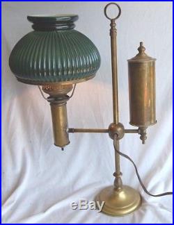 ANTIQUE BRASS STUDENT LAMP ELECTRIFIED W CHIMNEY CASE GREEN SHADE C 1900 vintage
