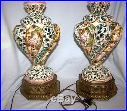 A Pair Of Vintage Capodimonte Italian Porcelain Table Lamps Hand Painted
