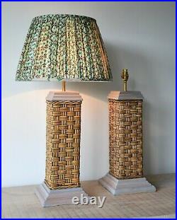 A Pair of Soane Britain Style Vintage Rattan Wicker Brass Hall Side Table Lamps