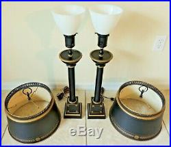 Amazing Pair Tall Antique/Vtg Black/Gold Painted Stencil Metal Tole Table Lamps