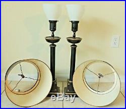 Amazing Pair Tall Antique/Vtg Black/Gold Painted Stencil Metal Tole Table Lamps
