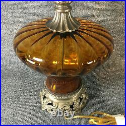 Amber Glass Metal 3-way Table Lamps Pair Vintage Mid Century Hollywood Regency