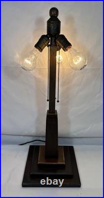 Antique 1907 Mission Arts & Crafts Wood Brass & Copper Table Lamp Base 3 Light