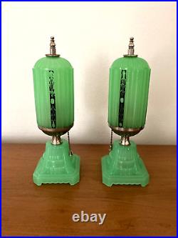 Antique 1920s 30s Art Deco Houze X Pair Jadeite Table Boudoir Lamps Originals VG