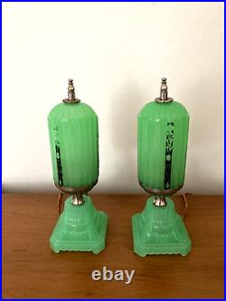 Antique 1920s 30s Art Deco Houze X Pair Jadeite Table Boudoir Lamps Originals VG