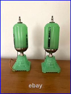 Antique 1920s 30s Art Deco Houze X Pair Jadeite Table Boudoir Lamps Originals VG