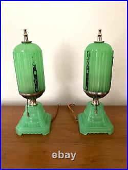 Antique 1920s 30s Art Deco Houze X Pair Jadeite Table Boudoir Lamps Originals VG