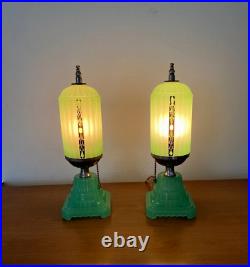 Antique 1920s 30s Art Deco Houze X Pair Jadeite Table Boudoir Lamps Originals VG