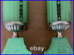 Antique 1920s 30s Art Deco Houze X Pair Jadeite Table Boudoir Lamps Originals VG