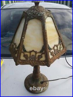 Antique 6 Panel Amber Slag Glass Boudoir Lamp Original Gold Paint Works good
