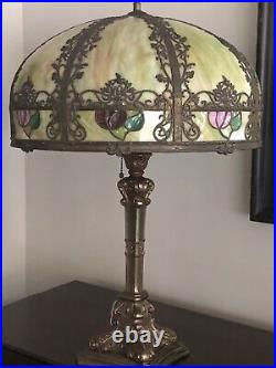 Antique 8-Panel Curved Green Slag Lamp With Pink, Green, Red Floral Stain Glass