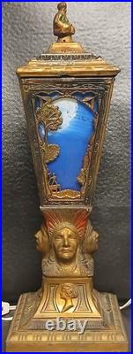 Antique Art Deco Slab Glass American Indian Chief Portrait Table Lamp