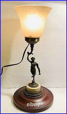 Antique Art Nouveau Angel/women Trumpet Figural Metal Lamp Bronze Patinated