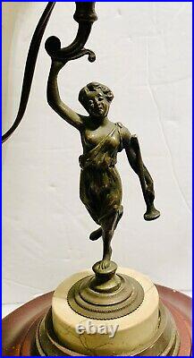 Antique Art Nouveau Angel/women Trumpet Figural Metal Lamp Bronze Patinated