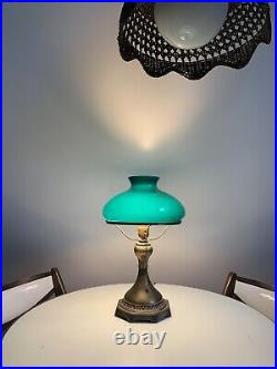 Antique Art Noveau Electric Table Lamp With 10 Emerald Green Cased Glass Shade