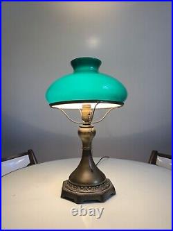 Antique Art Noveau Electric Table Lamp With 10 Emerald Green Cased Glass Shade