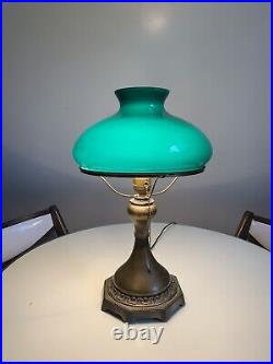 Antique Art Noveau Electric Table Lamp With 10 Emerald Green Cased Glass Shade