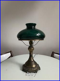 Antique Art Noveau Electric Table Lamp With 10 Emerald Green Cased Glass Shade