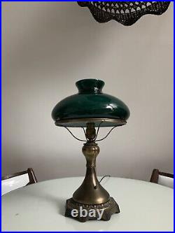 Antique Art Noveau Electric Table Lamp With 10 Emerald Green Cased Glass Shade
