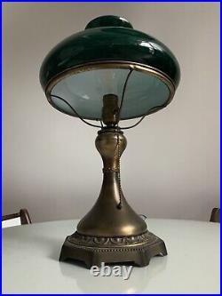 Antique Art Noveau Electric Table Lamp With 10 Emerald Green Cased Glass Shade