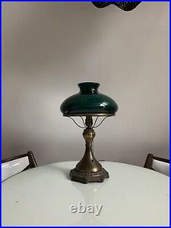 Antique Art Noveau Electric Table Lamp With 10 Emerald Green Cased Glass Shade