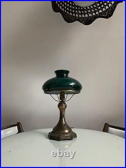 Antique Art Noveau Electric Table Lamp With 10 Emerald Green Cased Glass Shade