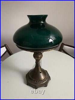 Antique Art Noveau Electric Table Lamp With 10 Emerald Green Cased Glass Shade