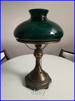 Antique Art Noveau Electric Table Lamp With 10 Emerald Green Cased Glass Shade