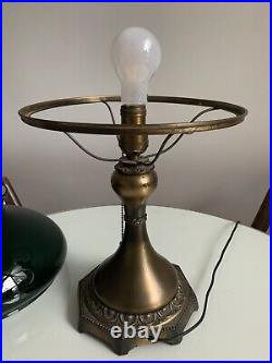 Antique Art Noveau Electric Table Lamp With 10 Emerald Green Cased Glass Shade