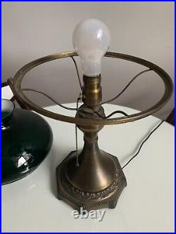 Antique Art Noveau Electric Table Lamp With 10 Emerald Green Cased Glass Shade