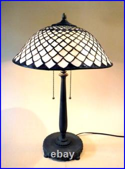 Antique Arts & Crafts Miller Bronze & Vintage Stain Leaded Shade Table Lamp