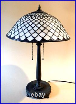 Antique Arts & Crafts Miller Bronze & Vintage Stain Leaded Shade Table Lamp