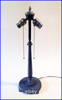 Antique Arts & Crafts Miller Bronze & Vintage Stain Leaded Shade Table Lamp