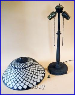 Antique Arts & Crafts Miller Bronze & Vintage Stain Leaded Shade Table Lamp