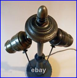 Antique Arts & Crafts Miller Bronze & Vintage Stain Leaded Shade Table Lamp