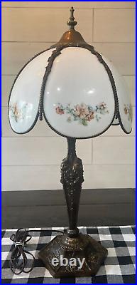 Antique Brass Lamp with White Glass Floral Pattern