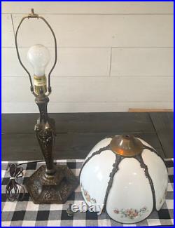 Antique Brass Lamp with White Glass Floral Pattern