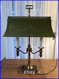 Antique Brass Tole Metal Bouillotte Style Lamp 23.5H with Green Rectangle Shade