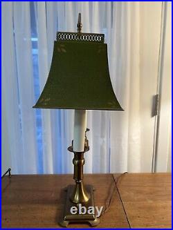 Antique Brass Tole Metal Bouillotte Style Lamp 23.5H with Green Rectangle Shade