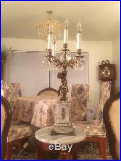 Antique Candelabra Angel Cherub Table Lamp, Bronze Gold and Alablaster marble