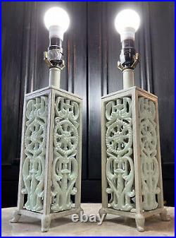 Antique Cast Iron Pair Set Of 2 Beige Light Green Table Lamp 4x13