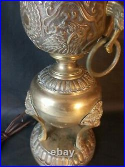 Antique Figural Brass Dragon Urn Vase Style Table Lamp Vintage Light Etched