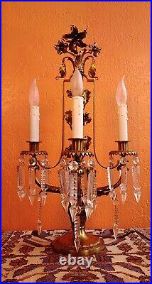 Antique French Crystal Art Nouveau Girandole Candelabra Table Lamp 3 Lights