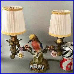 Antique French Shabby Vtg Chic Metal Tole Porcelain Bird & Flowers Table Lamp